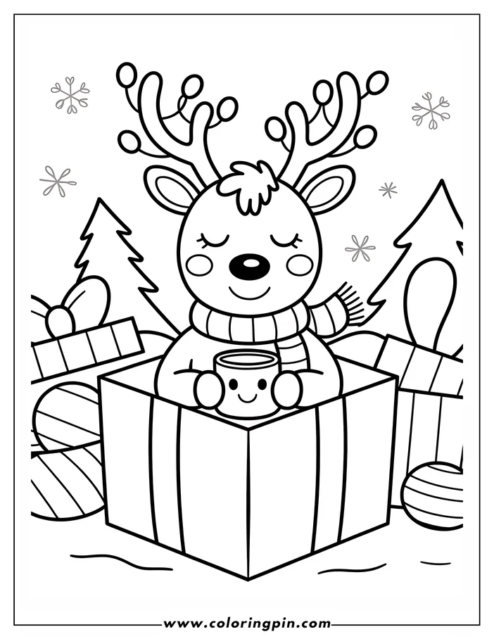 Line art of a Christmas reindeer sitting inside a gift box, holding a smiling mug. The reindeer wears a scarf, has closed eyes, and rounded antlers. Christmas trees and gifts surround it, designed for coloring.