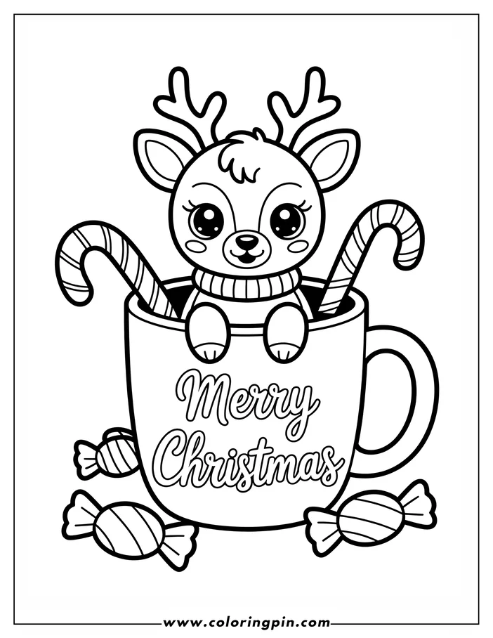 Line art of a Christmas reindeer sitting in a mug with candy canes and wrapped candies scattered around. The mug has "Merry Christmas" written on it. This is a coloring sheet design.