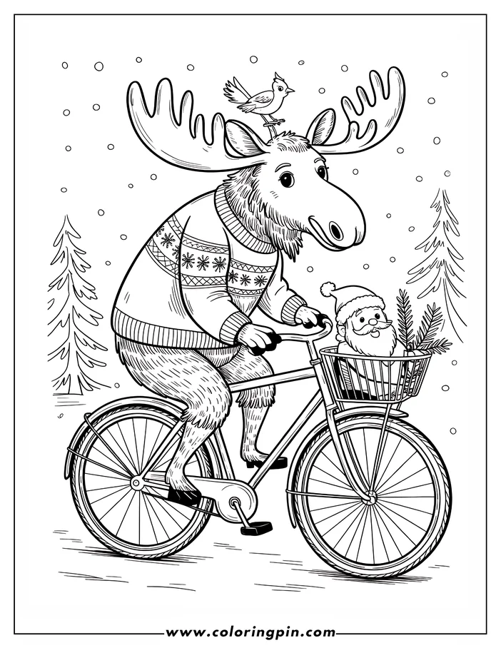 A whimsical line art drawing of a moose, resembling a Christmas reindeer, riding a bicycle through a snowy landscape. The moose wears a festive snowflake sweater, and a small bird perches on its head.  Santa Claus, wearing his signature hat and holding a Christmas tree branch, sits in the bicycle's front basket. Evergreen trees and falling snow add to the festive scene, designed as a coloring page.