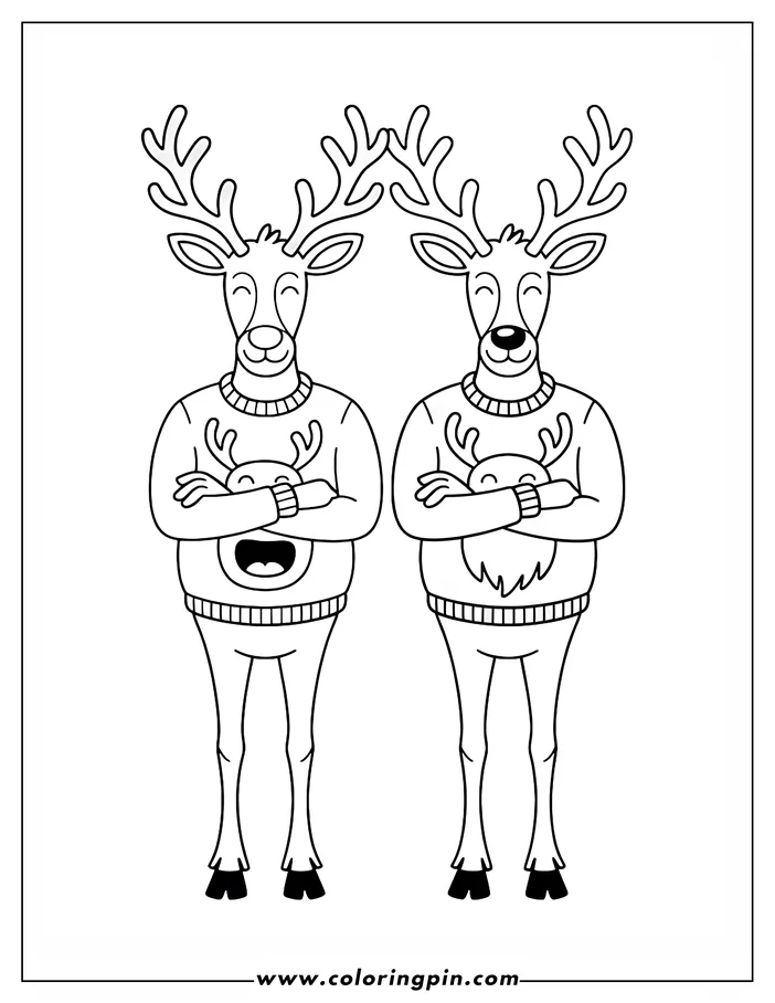 Line art of two Christmas reindeer wearing festive sweaters with a reindeer design. Their antlers nearly touch, and they stand with their arms crossed, smiling with closed eyes.