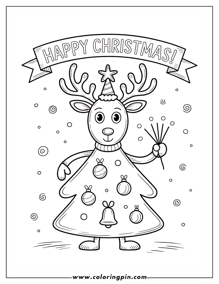 Line art of a Christmas reindeer wearing a Christmas tree costume, complete with ornaments and a bell.  The reindeer wears a party hat and holds a sparkler. This is a coloring sheet design.