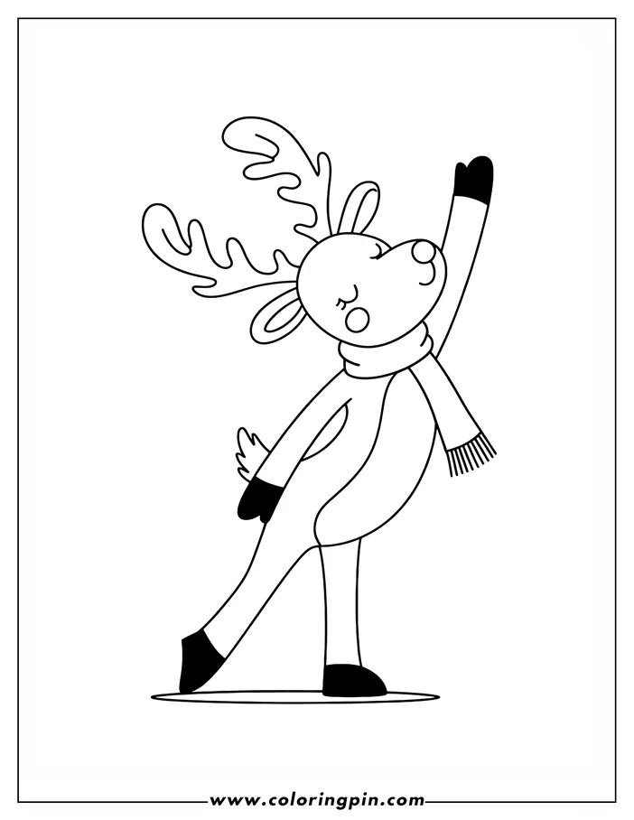 Simple line art of a Christmas reindeer waving. It's wearing a scarf and has large antlers. This is a coloring sheet design, perfect for festive coloring activities.