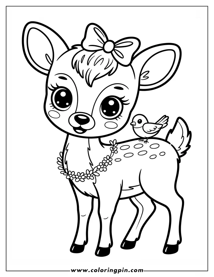 Line art of a Christmas reindeer with a bird perched on its back. The reindeer wears a bow and flower garland and has large, expressive eyes. This simple drawing is designed as a coloring sheet for children.