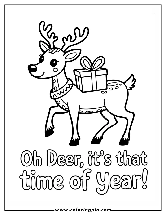 Line art of a Christmas reindeer carrying a wrapped present on its back.  The reindeer has large antlers, spots, and wears a decorative collar. This is a coloring sheet design.