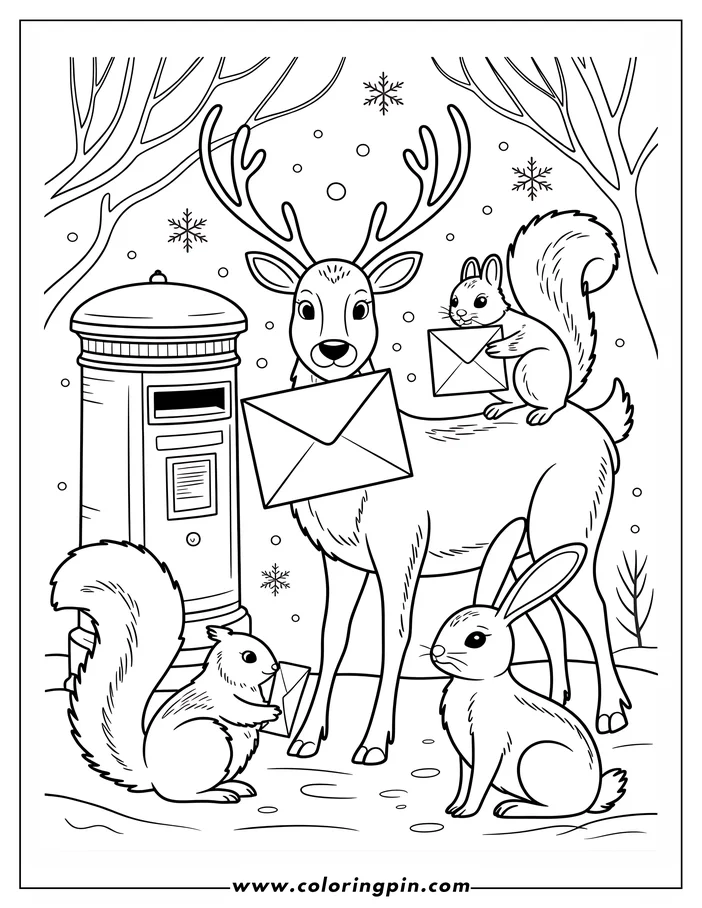 Line art of a Christmas reindeer holding an envelope, a squirrel on its back with another envelope, and a rabbit beside it, all in a snowy winter setting with a mailbox, ready for coloring.