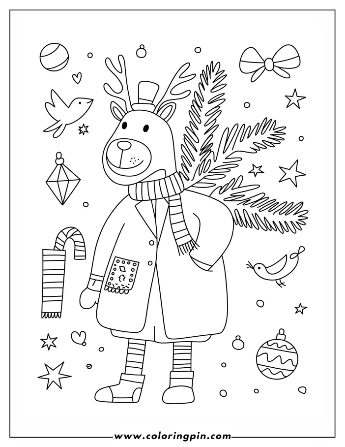 Line art of a Christmas reindeer wearing a winter coat and hat, holding a pine branch. Surrounding the reindeer are various holiday decorations, including an ornament, candy cane, and bow, along with stars and birds, creating a festive coloring page design.