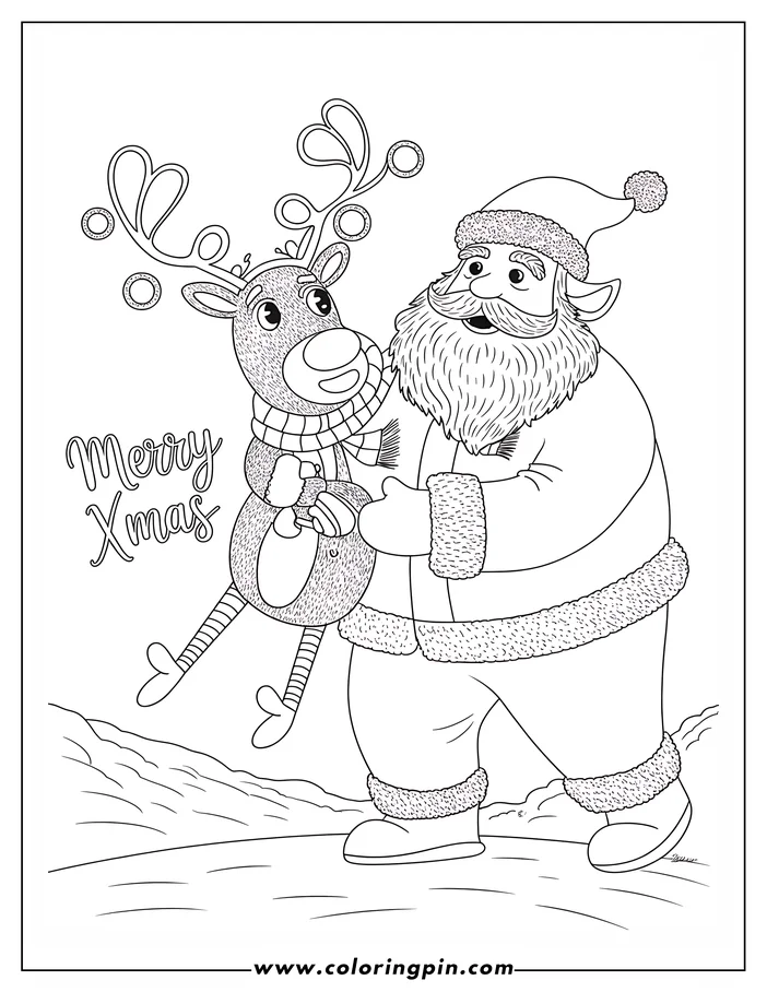 Line art illustration of a Christmas reindeer being held by Santa Claus. The reindeer has distinctive heart-shaped antlers and a striped scarf, while Santa wears his traditional outfit with fur trim. The words 'Merry Xmas' are also present. Designed as a coloring page.