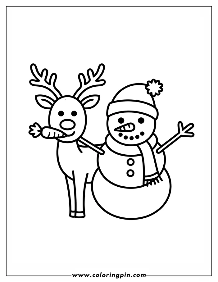 Line art of a Christmas reindeer with large antlers eating a carrot beside a snowman. The snowman wears a hat and scarf and has a twig arm. This simple drawing is a festive coloring sheet design.