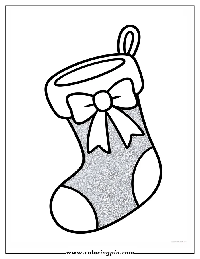 Line art of a Christmas stocking decorated with a bow. The stocking's body has a textured pattern, likely representing a fuzzy material.