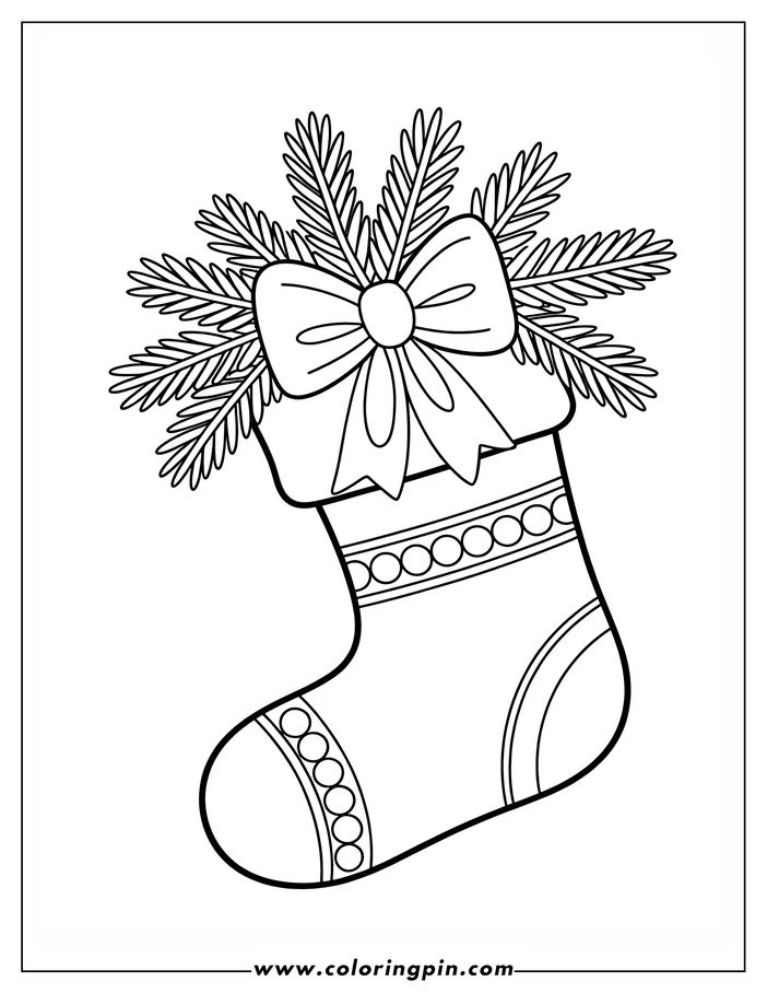 Outline of a Christmas stocking with a bow and pine sprigs tucked in at the top