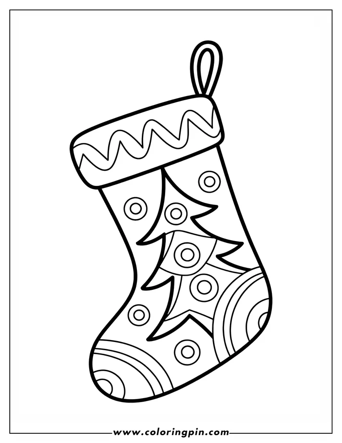 Line art of a Christmas stocking with festive design elements.
