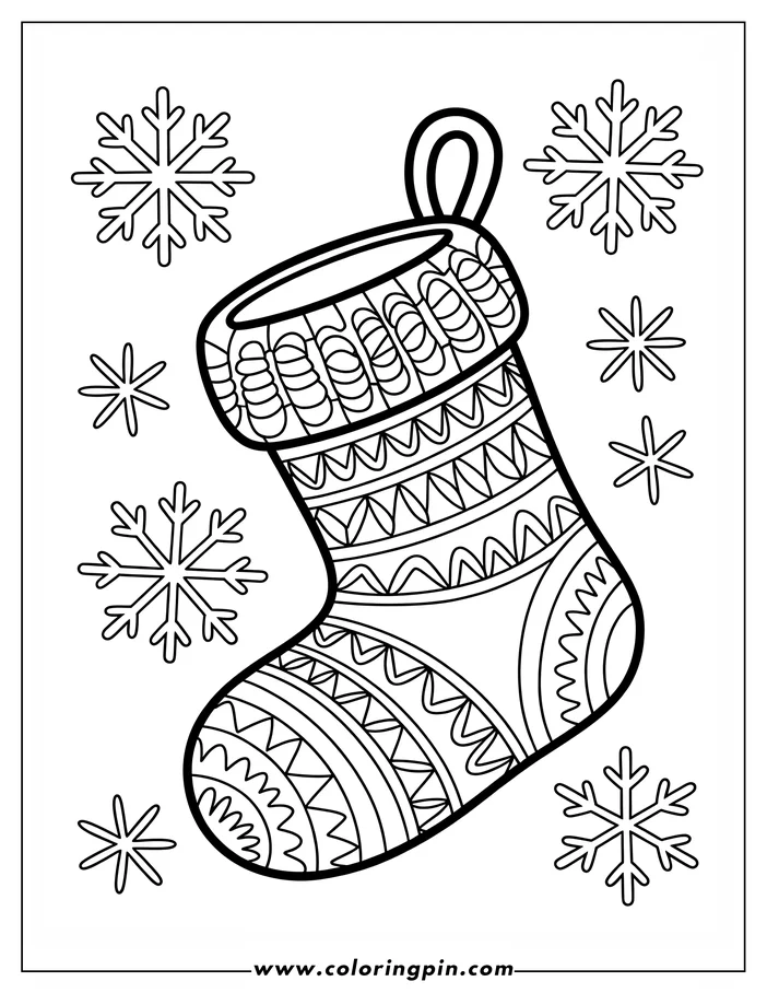 Line art of a Christmas stocking decorated with various festive and geometric patterns, surrounded by snowflakes.