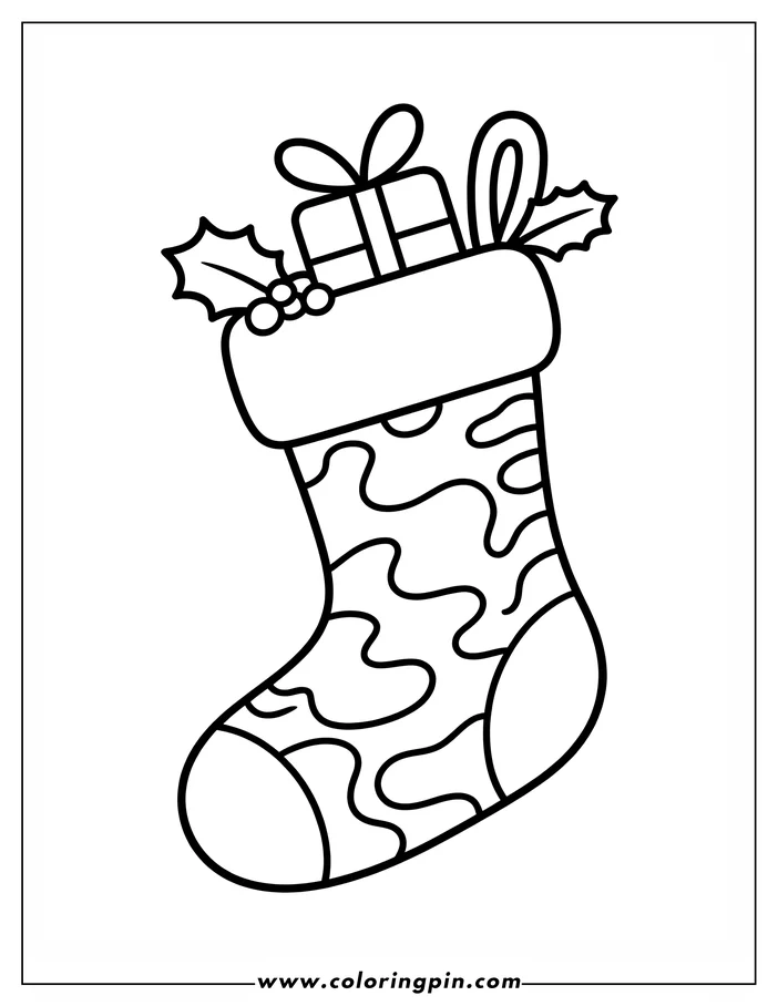 Christmas stocking filled with gifts and decorated with holly.