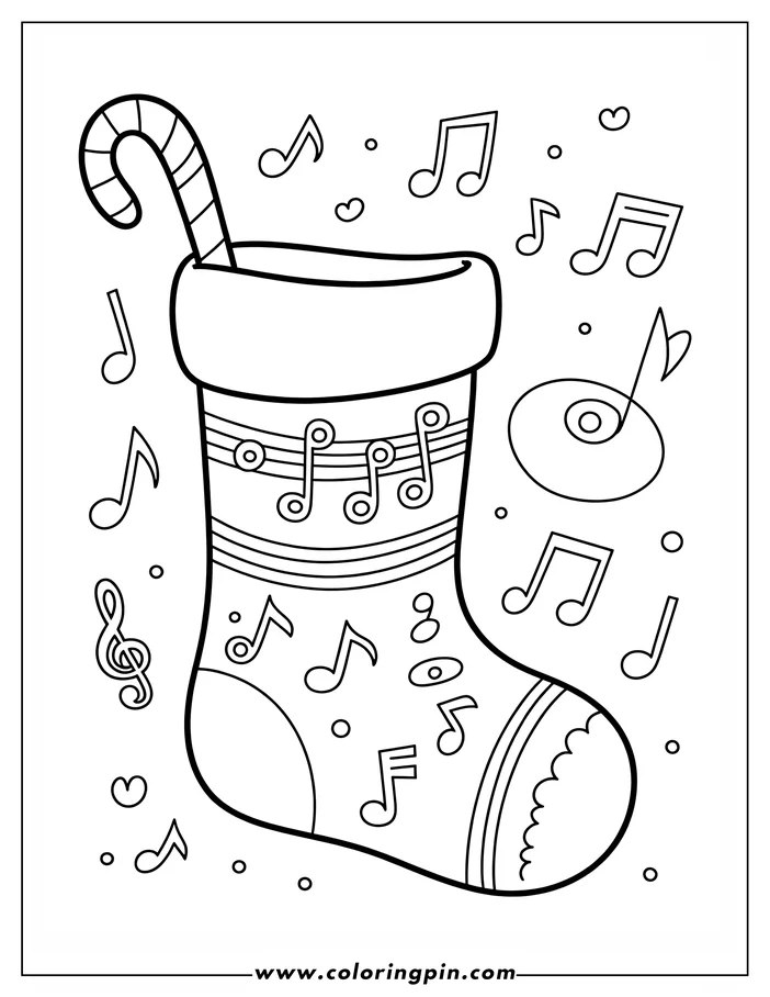 Christmas stocking with candy cane and musical notes. Music notes and symbols float around the stocking.