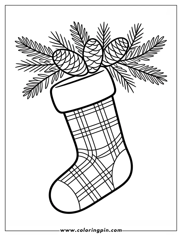Christmas stocking filled with pine cones and sprigs.