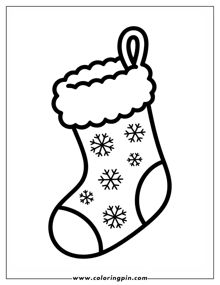 Outline of a Christmas stocking decorated with snowflakes. The stocking has a fluffy cuff and a loop for hanging.