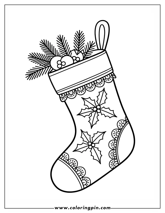 Line art of a Christmas stocking decorated with holly leaves, berries and pine sprig.