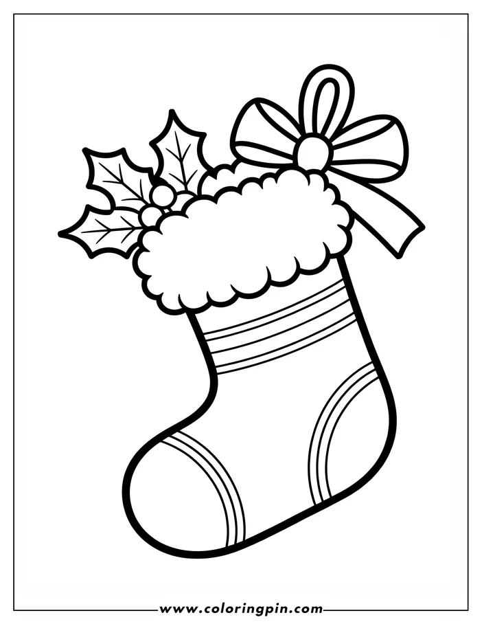Line art of a Christmas stocking decorated with holly leaves, berries, and a tied ribbon.