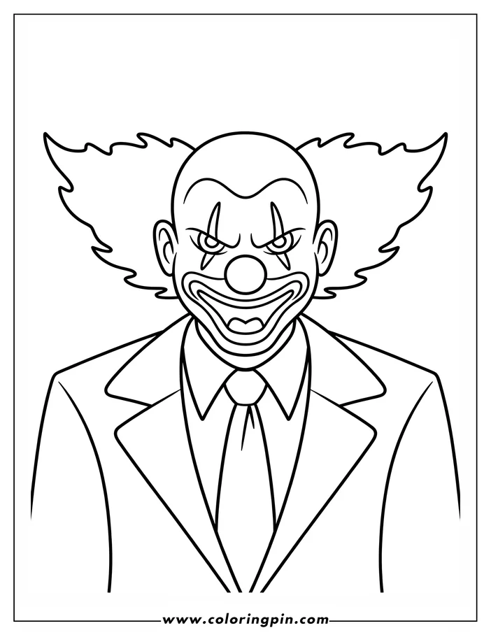 Line art of a clown in a suit and tie with exaggerated facial features.