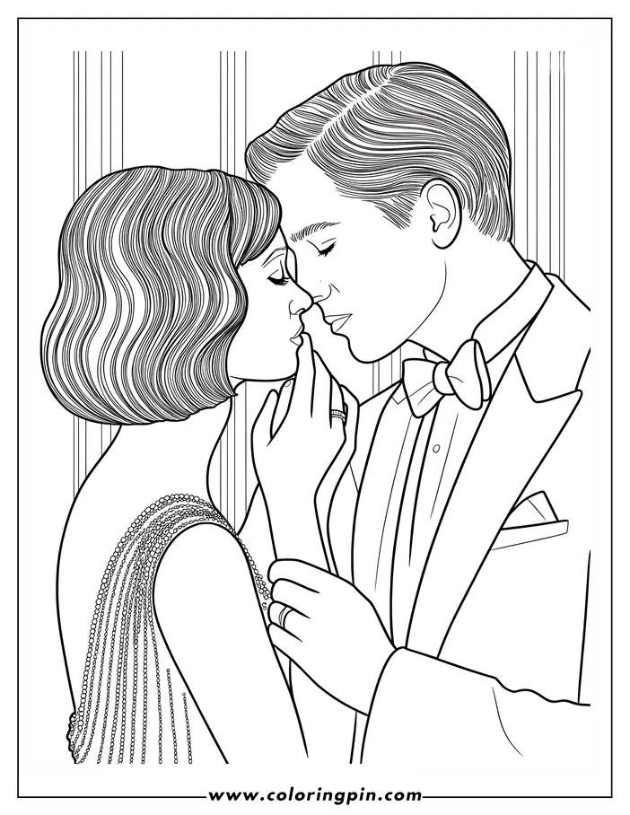 Line art of a man and woman about to kiss. The woman has short wavy hair and a beaded dress. The man is wearing a tuxedo.