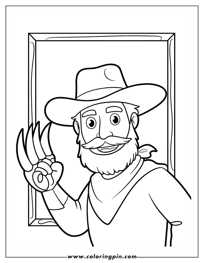 Outline of a cartoon cowboy inside a frame, wearing a hat and neckerchief, and holding up a clawed hand