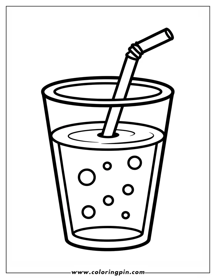Line drawing of a cup with a straw and a bubbly drink inside.