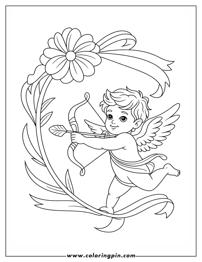 Outline of Cupid aiming a bow and arrow, framed by a flower and ribbons.