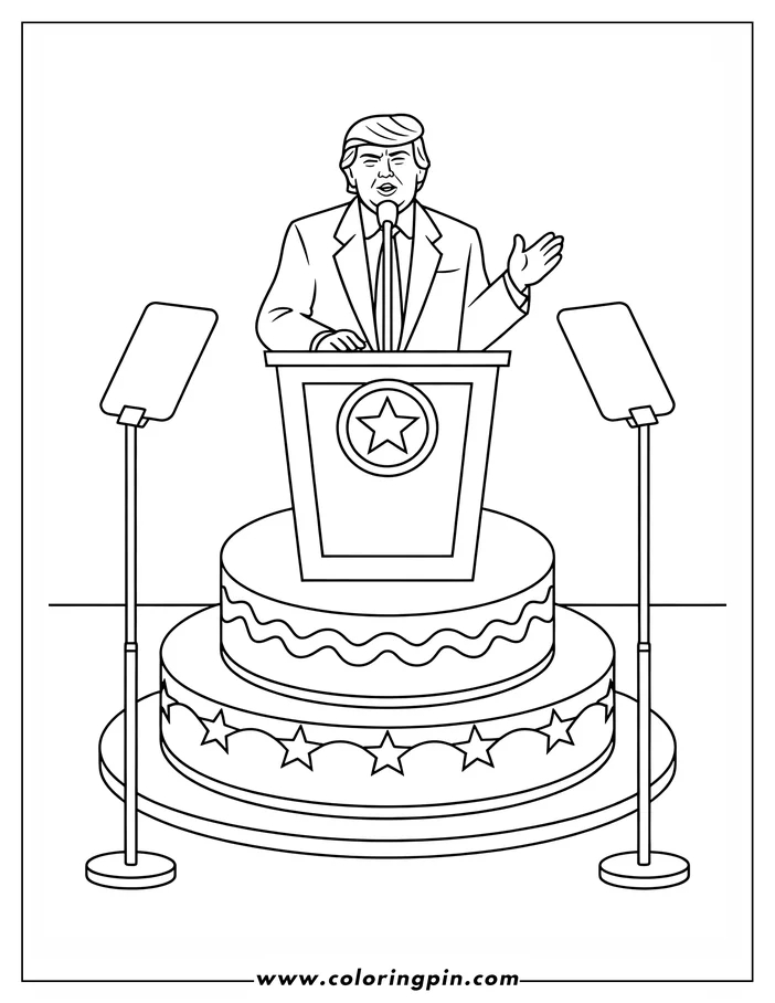 Donald Trump speaks at a podium with two blank signs on stands beside him. The podium rests on a large, decorated cake.