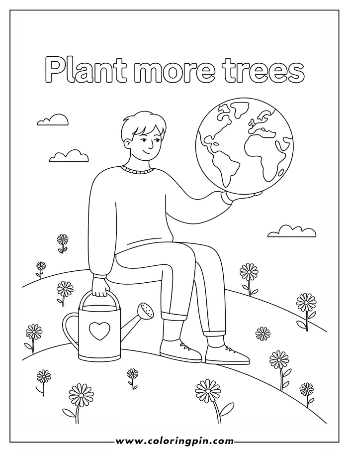 Line art for an Earth Day coloring page. A person sits on a hill, holding up a globe. They have a watering can next to them, and flowers grow on the hillside. Clouds are in the sky above.