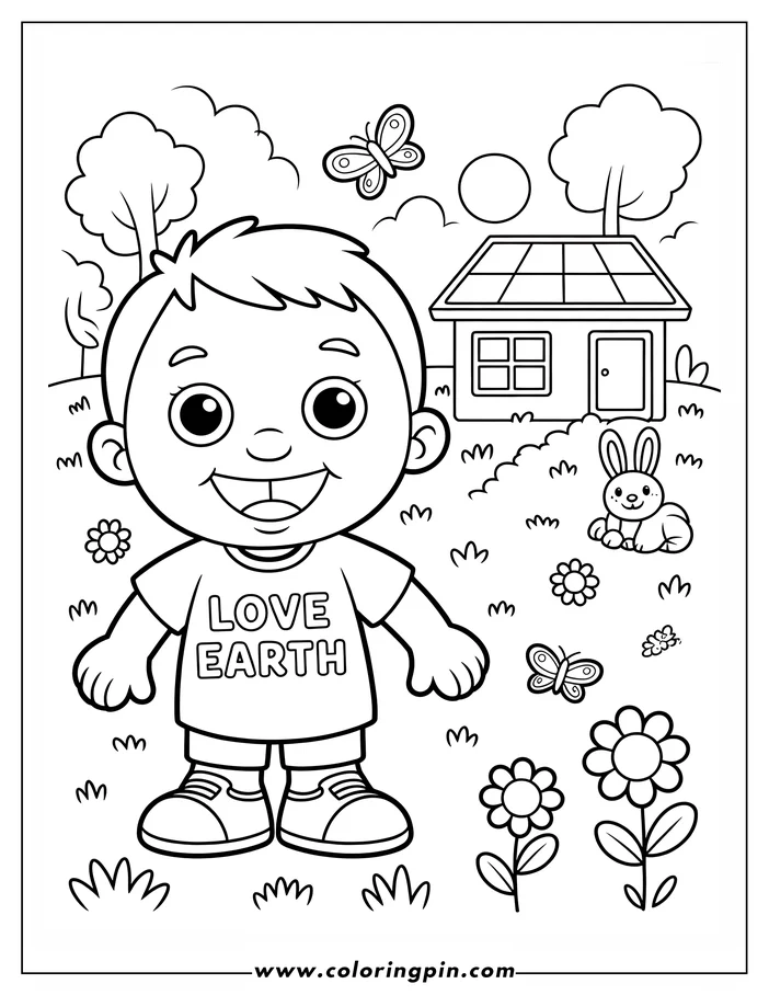 Line art of a boy wearing a 'Love Earth' t-shirt in a field. There are butterflies, a rabbit, flowers, trees, and a house with solar panels on its roof. This Earth Day coloring page is ready to be printed and colored.