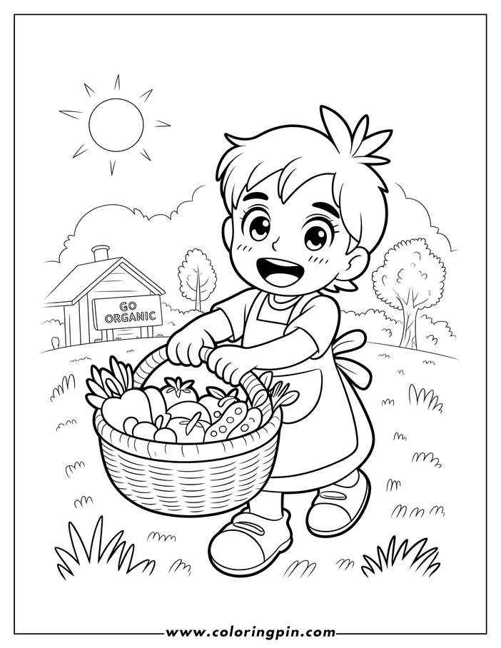 Line art depicting a child with a basket full of organic fruits and vegetables, promoting Earth Day and healthy eating. A "Go Organic" sign is visible in the background, suggesting sustainable farming practices. The scene is perfect for a coloring sheet activity.