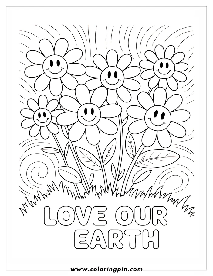 Line art of a group of smiling flowers growing in grass, promoting love for our Earth. Designed as a coloring sheet for Earth Day.
