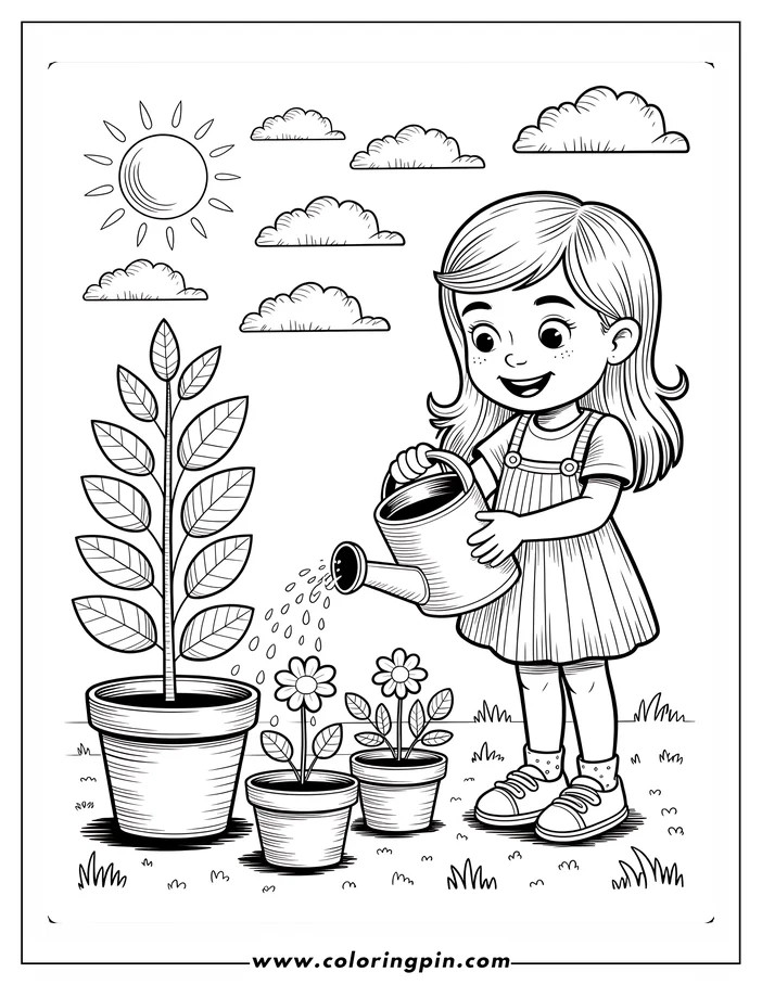 Line art of a girl watering plants in pots, celebrating Earth Day. The scene includes a sapling and flowers, under a sunny sky with clouds. This cheerful image is designed as a coloring page.