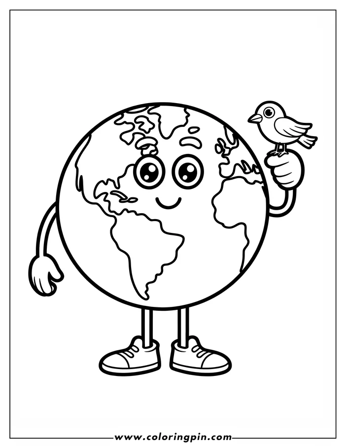 Line art of a cheerful Earth globe holding a small bird on its hand, suitable for Earth Day coloring. The Earth character has large eyes, a smile, and is wearing shoes. The continents are outlined.