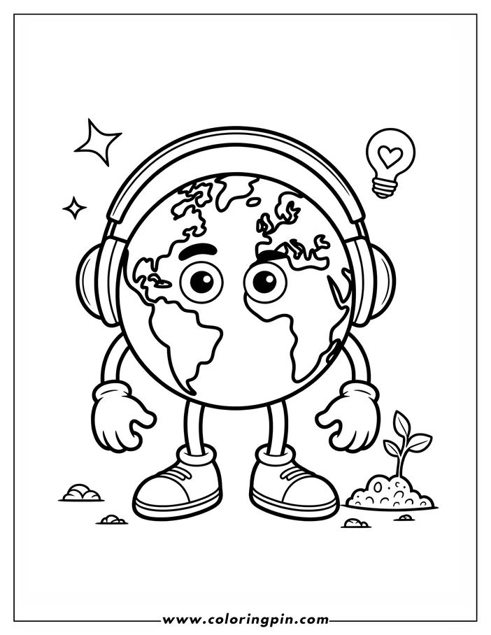 Line art of a cartoon Earth for Earth Day, wearing headphones and standing near a small seedling, with a heart-shaped lightbulb nearby. This is a design for a coloring sheet.