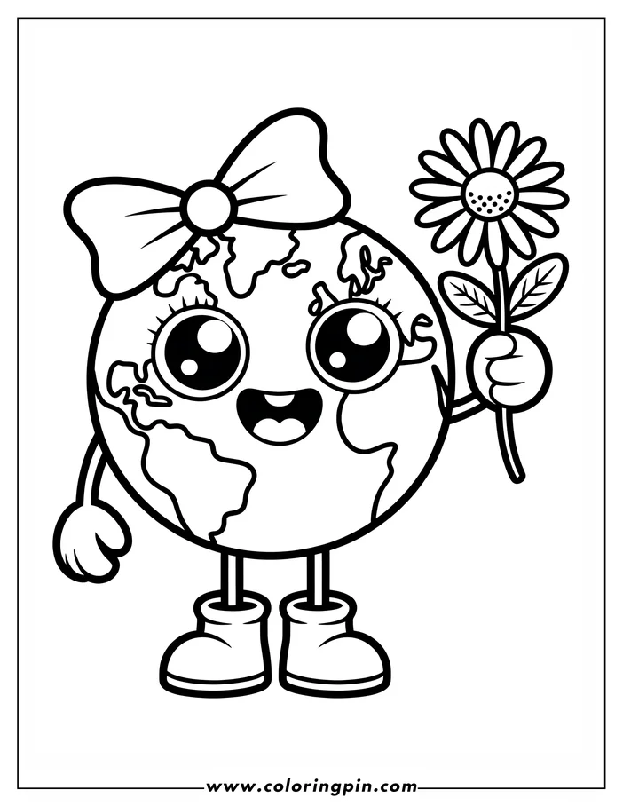 Line art of an Earth Day globe character holding a daisy flower.  The globe wears a bow and boots, adding to the playful design, and is ready for coloring.