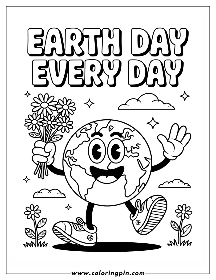 Line art of a cheerful Earth globe for Earth Day, holding a bouquet of daisies and waving. It wears sneakers and strides forward against a background of clouds and stars. Two small daisies are visible at ground level, adding to the spring-like scene. Ready for coloring.
