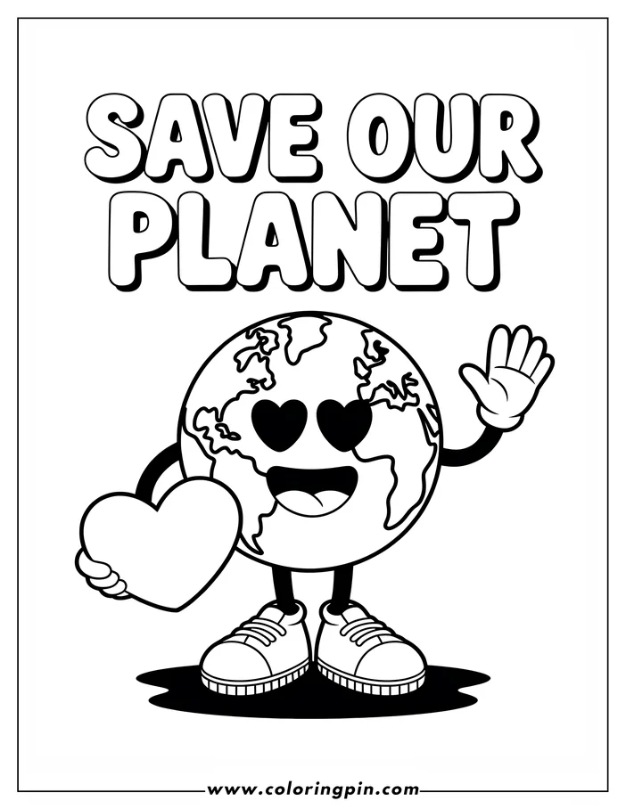 Coloring page design depicting a cheerful cartoon Earth globe holding a heart and waving. It has heart-shaped eyes. The globe is designed for Earth Day coloring activities.