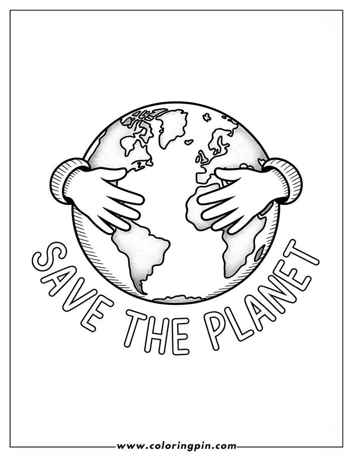 Line art of two hands embracing a globe with simplified continents for Earth Day. The words "Save the Planet" appear below, suitable for a coloring page.