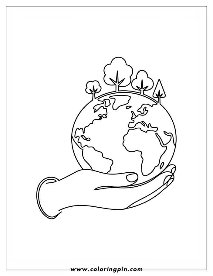 Line art for an Earth Day coloring page depicting the globe held in a hand. Three simple trees grow on the globe, symbolizing environmental care. This coloring sheet design promotes Earth Day awareness.