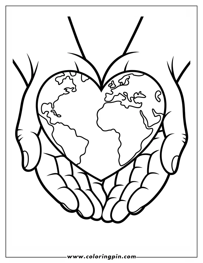 Line art for an Earth Day coloring page. Two hands gently cradle a heart-shaped Earth. The continents are visible on the Earth's surface.