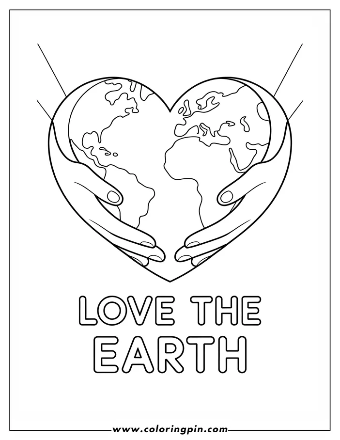 Line art of two hands holding a heart-shaped Earth for Earth Day. The continents are visible within the heart. The phrase 'Love the Earth' appears below the outlined image, creating a coloring page design for environmental awareness.