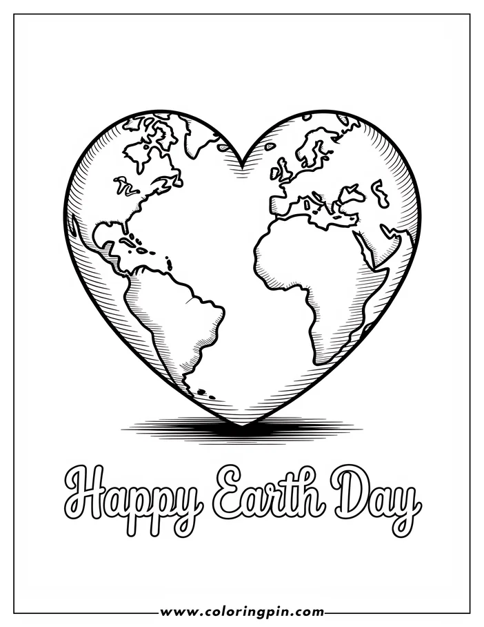 A heart-shaped Earth coloring page design. The outline of the continents is visible within the heart shape. Perfect for celebrating Earth Day.