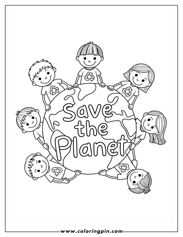 Line art depicting seven children holding up a depiction of Earth with the words "Save the Planet" across it. Each child wears a shirt with the recycling symbol. This is a coloring sheet design perfect for Earth Day.