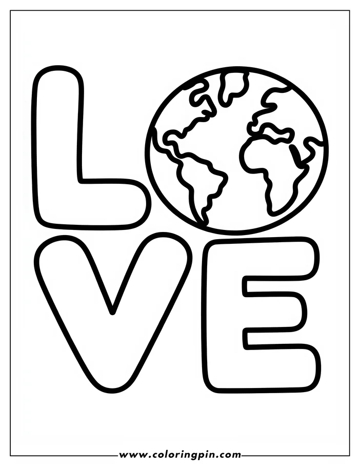 Line art for an Earth Day coloring page. The word 'love' is written in large, block letters. An image of the Earth replaces the letter 'O'.