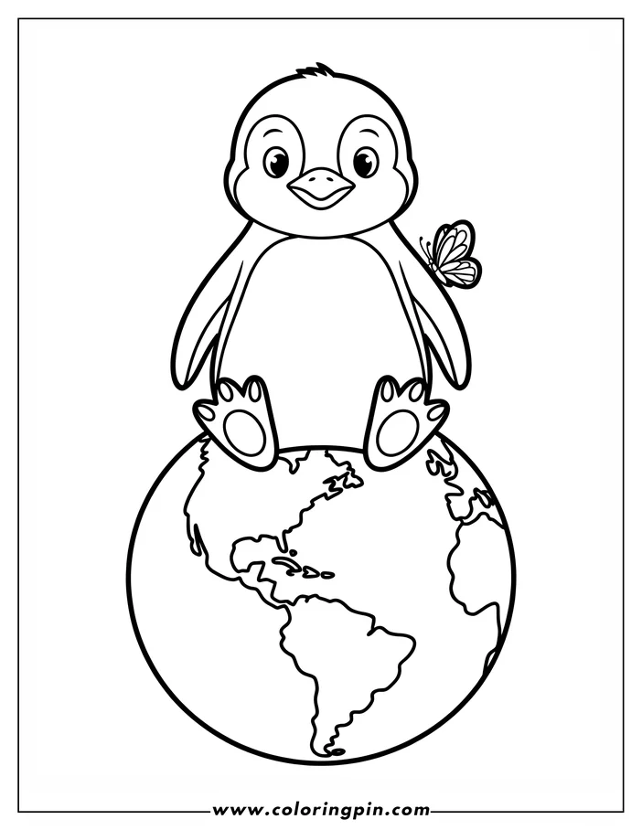 Line art of a penguin sitting on Earth with a butterfly resting on its back, presented as a coloring page design for Earth Day.