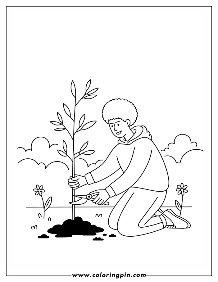 Line art of a person kneeling to care for a newly planted sapling. They are using pruning shears, and small flowers grow nearby, indicating an Earth Day theme suitable for a coloring sheet.