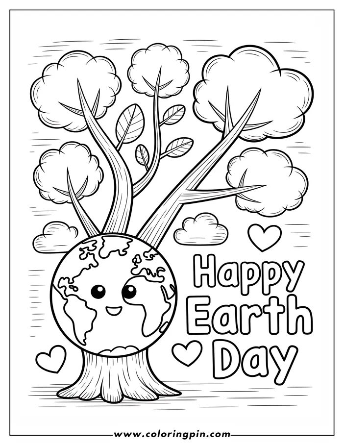 Line art drawing of a tree with the Earth nestled amongst its branches for Earth Day.  The Earth has a cute, smiling face, adding a whimsical touch to the coloring page design. The text 'Happy Earth Day' is also included. Ready for coloring.