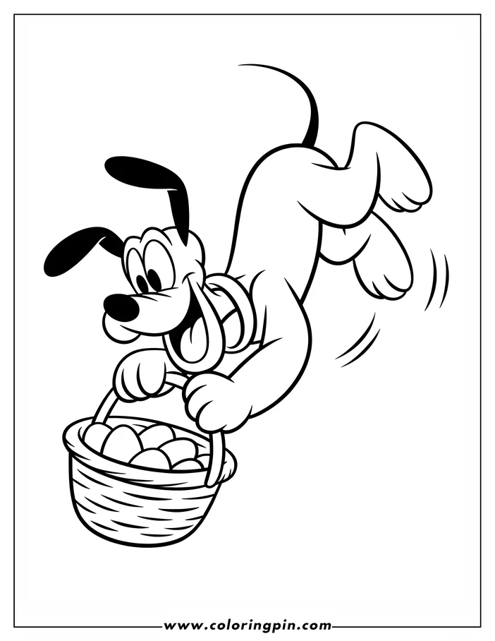 Line art depicting Disney's Pluto leaping in the air with an Easter basket full of eggs, designed as a coloring sheet.