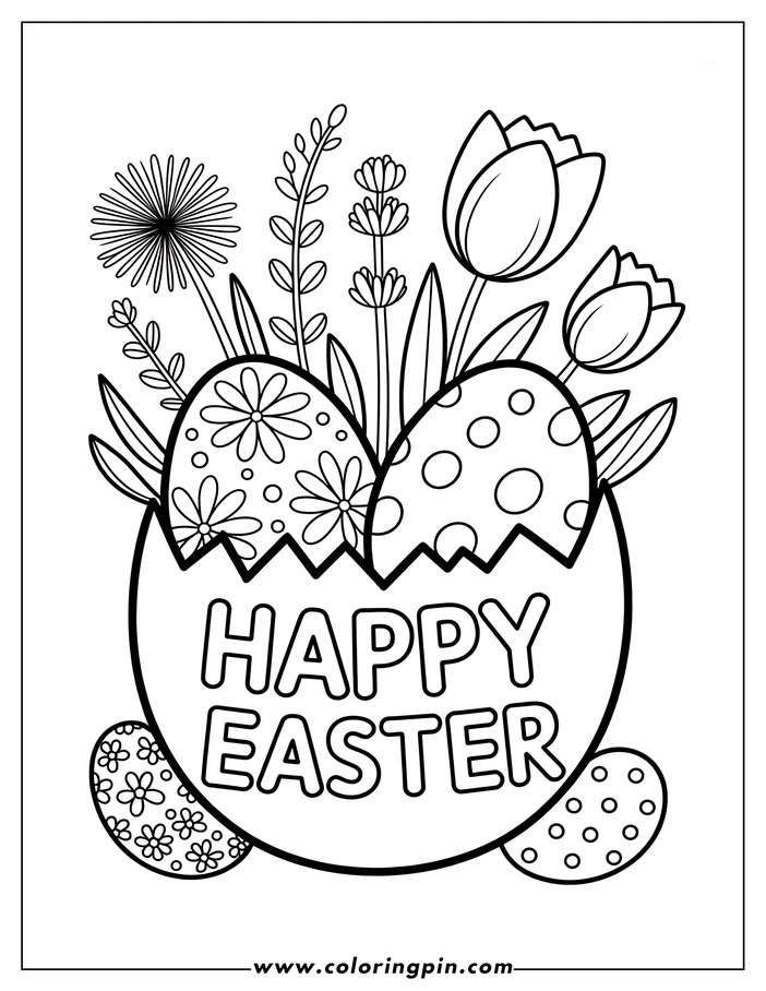 Line art of an Easter basket with spring flowers and decorated Easter eggs. The basket has "Happy Easter" written across the front, ready to be colored. Two smaller eggs wait below the basket for coloring.